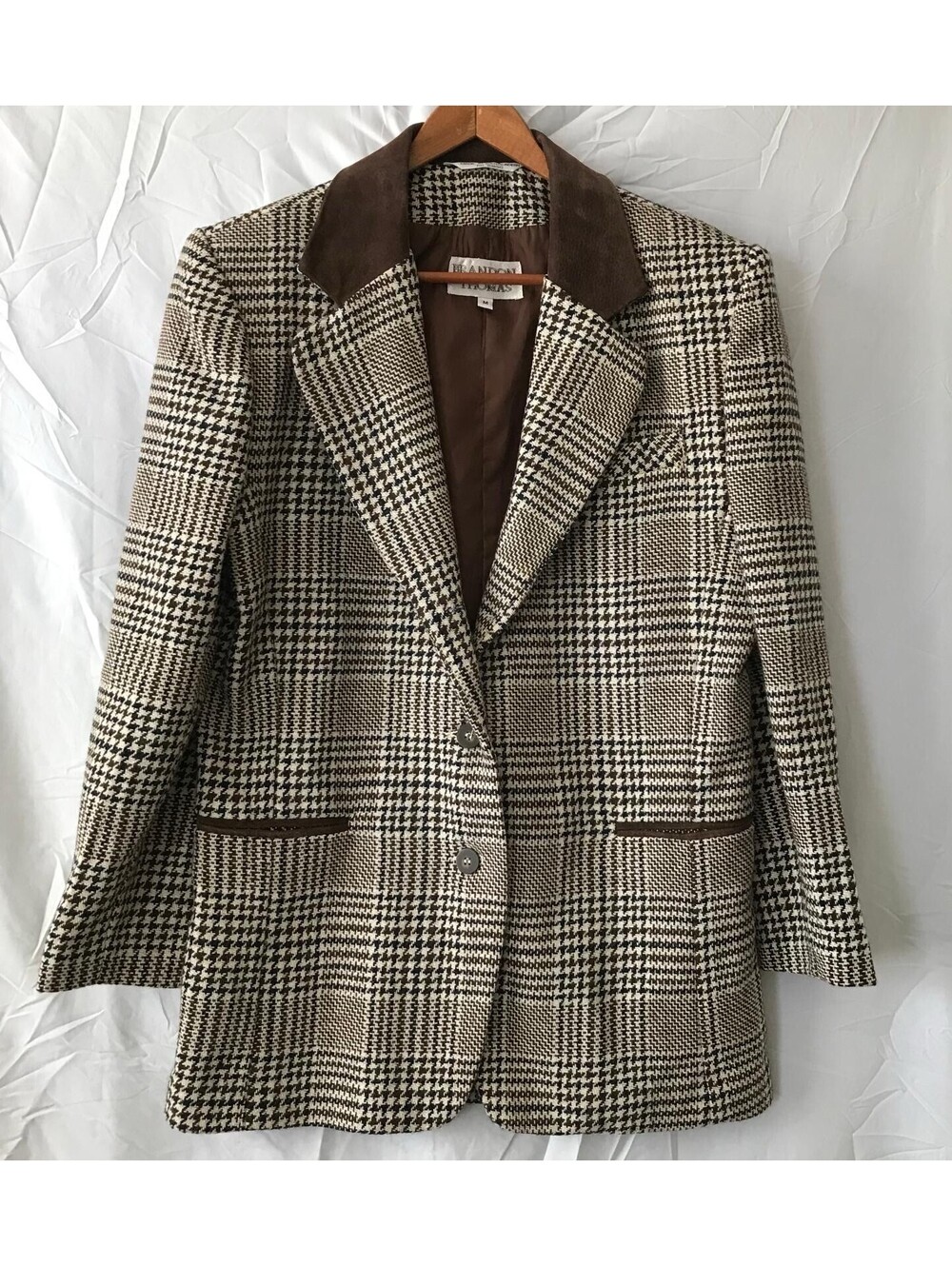 Brandon Thomas Blazer Womens M Brown Houndstooth Wool Suede Collar Vintage